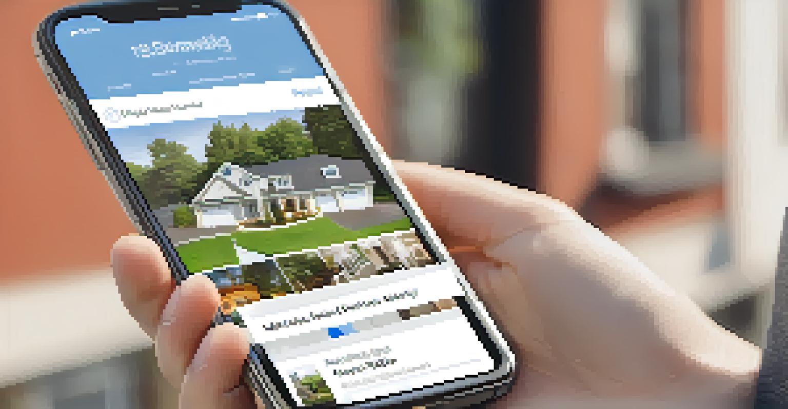 A smartphone displaying a mobile-friendly real estate website mockup in a sunny outdoor setting.