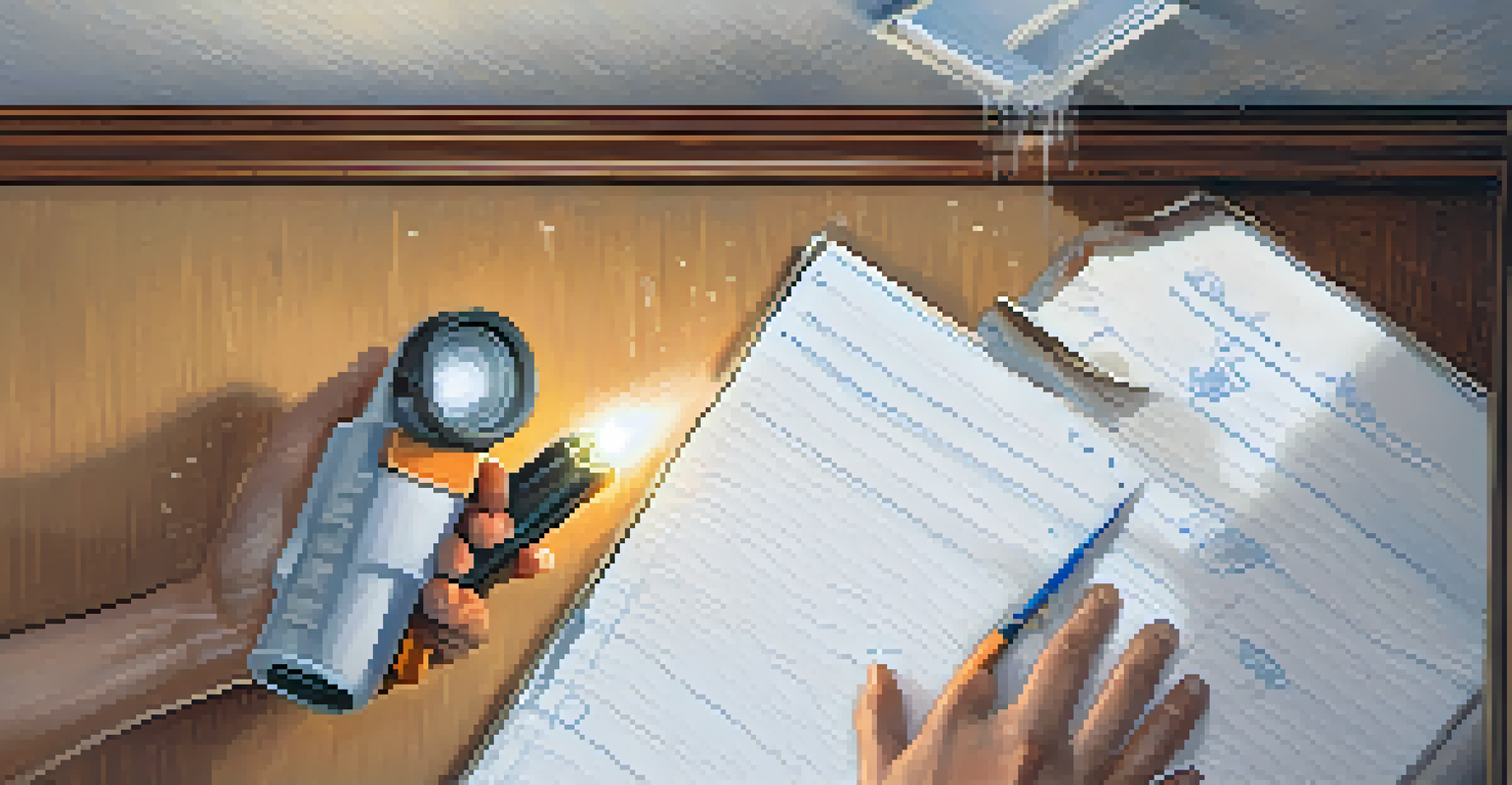 A close-up of an inspector examining a leak in the ceiling with a flashlight, water stains visible, and a notepad beside them.