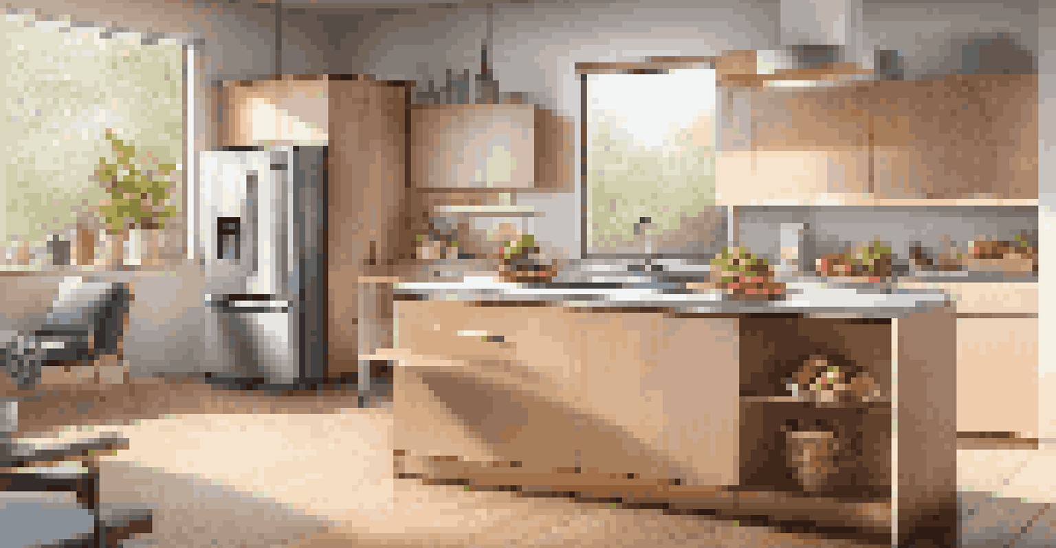 A contemporary kitchen featuring smart appliances like a refrigerator and washing machine, illuminated by sunlight with a fruit bowl on the counter.
