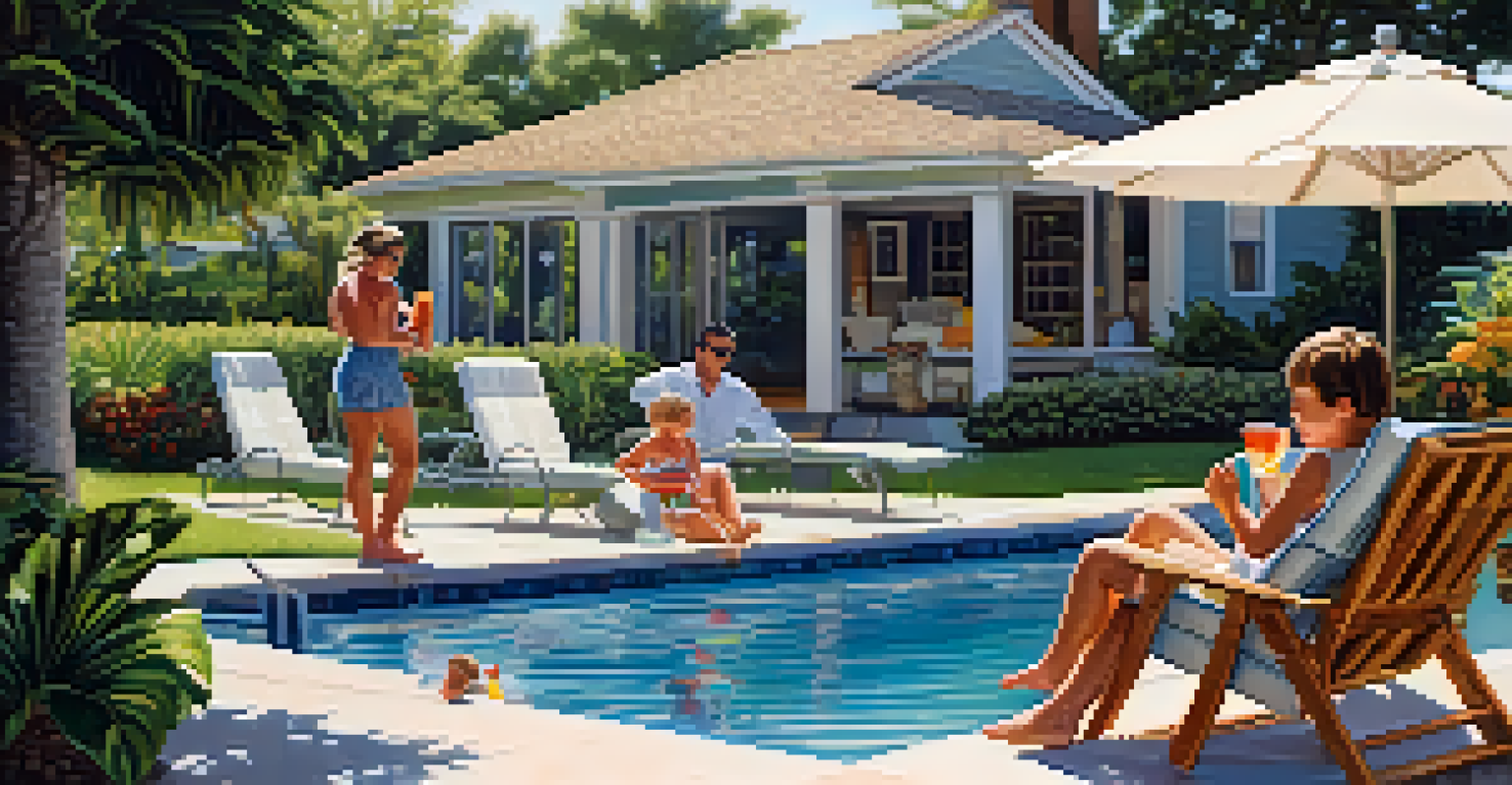 A family enjoying a sunny day at the pool, with children splashing in the water and an adult relaxing on a chair.