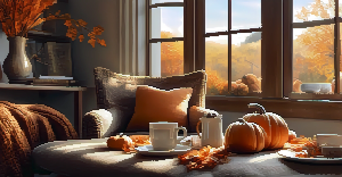 A warm autumn living room with pumpkins and a knitted throw, illuminated by soft golden light.