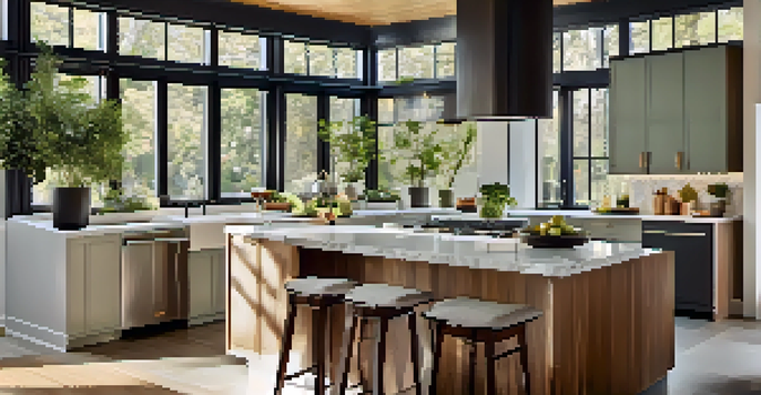 A modern kitchen with marble countertops, large windows, and potted herbs, showcasing a warm and inviting atmosphere.