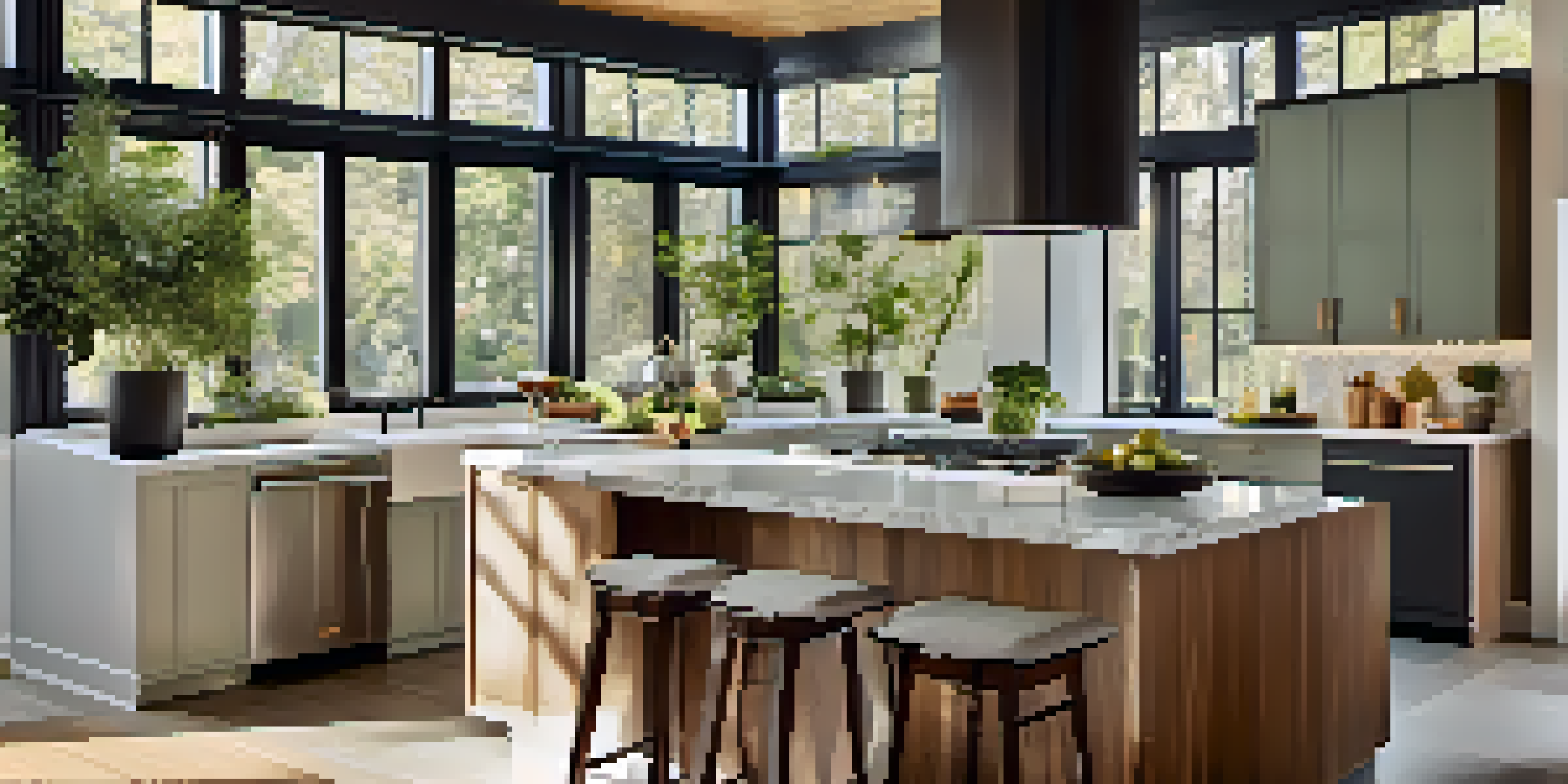 A modern kitchen with marble countertops, large windows, and potted herbs, showcasing a warm and inviting atmosphere.