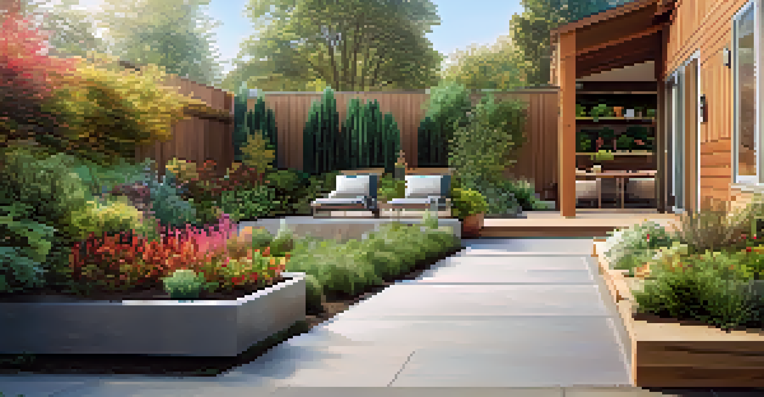 An outdoor accessible area featuring a smooth pathway to a raised garden bed with colorful plants and seating areas. The patio is level with the house entrance for easy access.