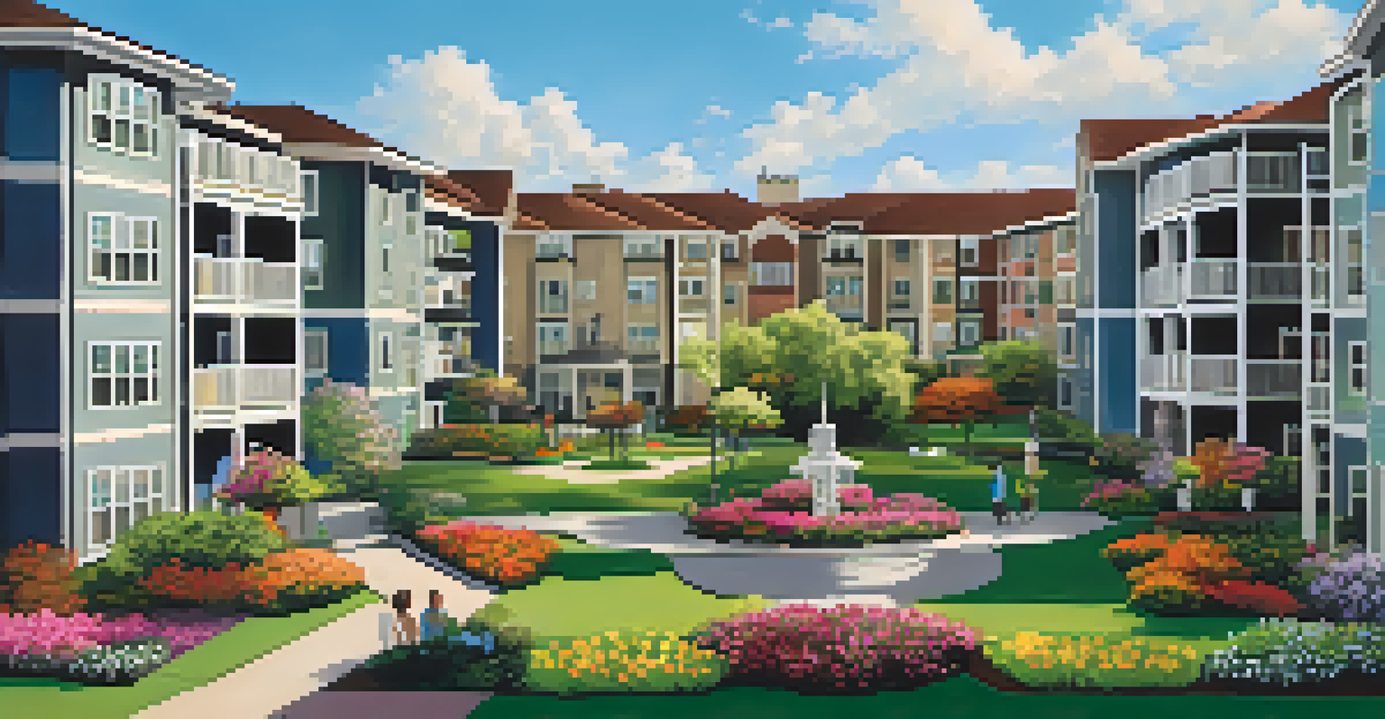 An outdoor view of a well-maintained apartment complex with flower beds, residents on balconies, and clear blue skies.