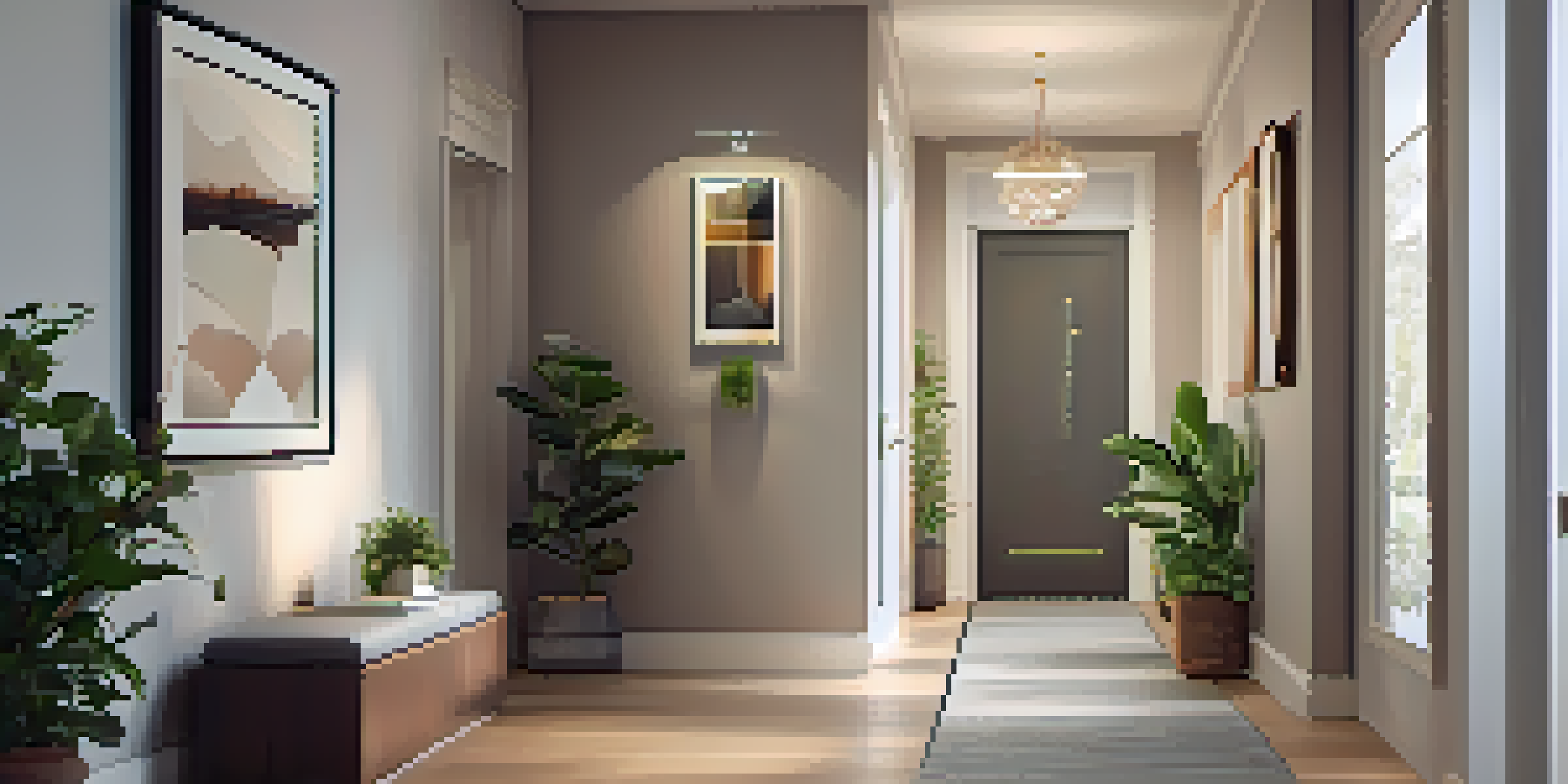 A contemporary entryway with warm smart lighting, an elegant smart mirror, and a visible smart lock on the door, complemented by polished hardwood flooring and a potted plant.