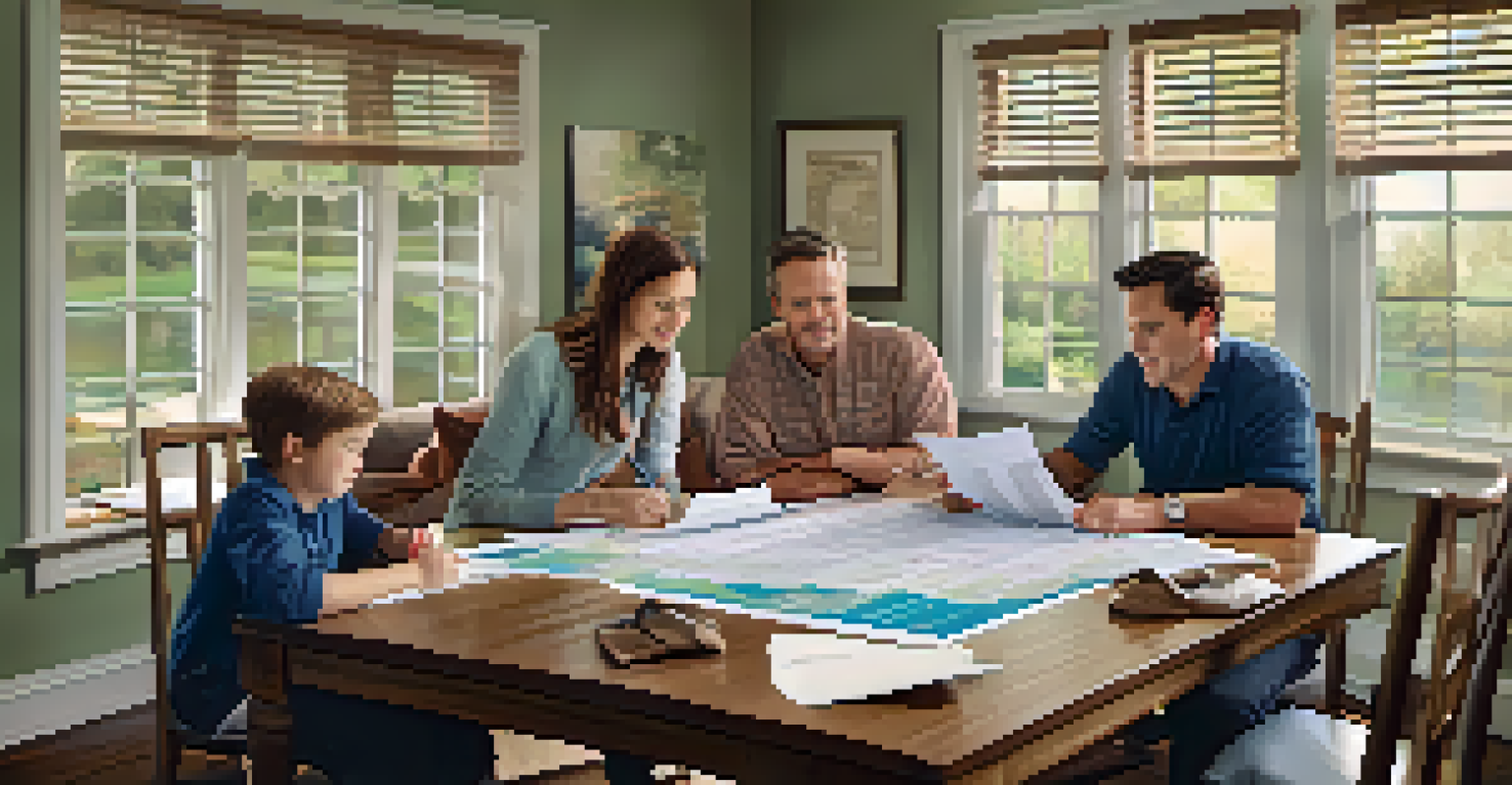 A family reviewing flood insurance documents and FEMA maps at a table in a cozy room.