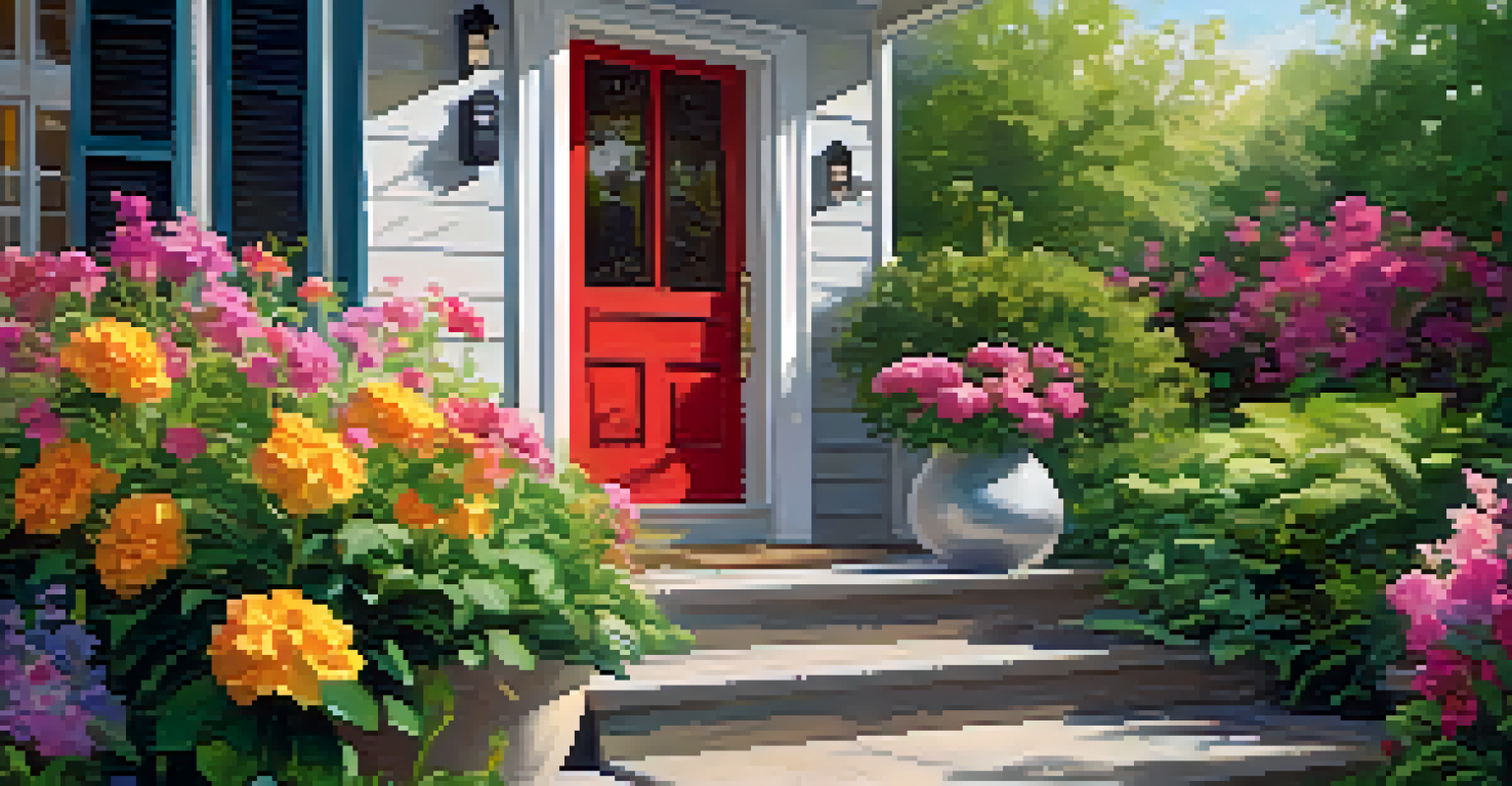 A front door with a smart doorbell camera, surrounded by a sunny garden with blooming flowers.