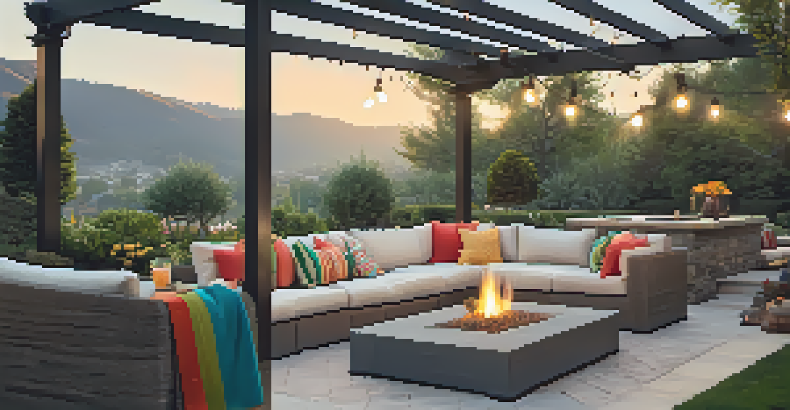 A cozy outdoor gathering area with a fire pit, plush cushions, and a pergola, surrounded by a landscaped garden.