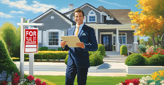 A real estate agent in a suit stands in front of a modern house with a 'For Sale' sign, holding a clipboard and smiling under a sunny sky.