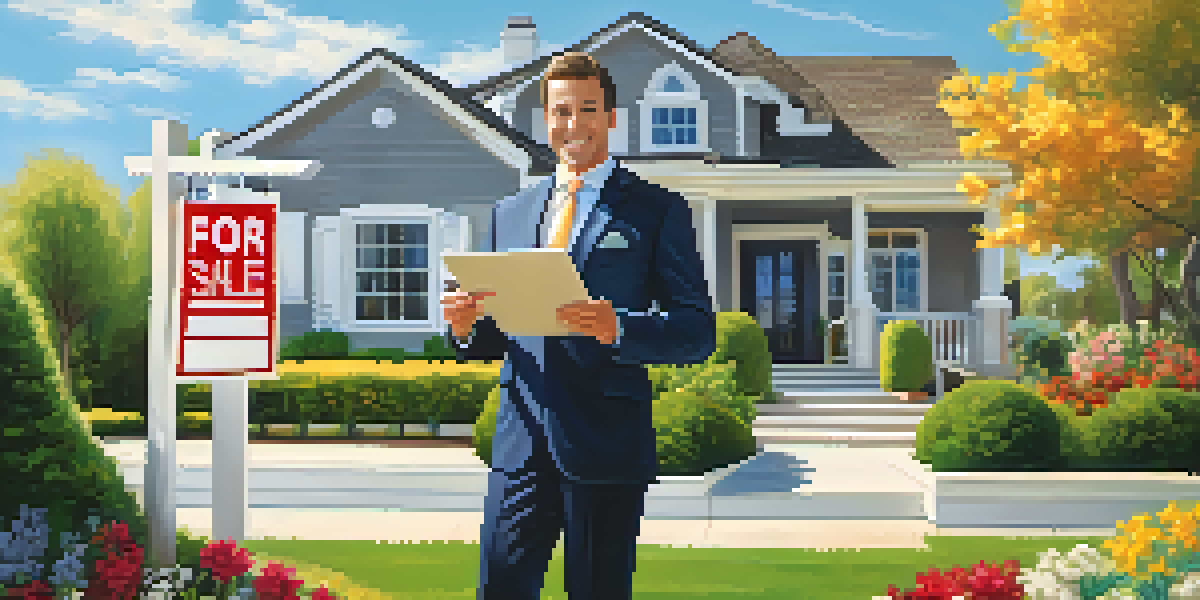 A real estate agent in a suit stands in front of a modern house with a 'For Sale' sign, holding a clipboard and smiling under a sunny sky.