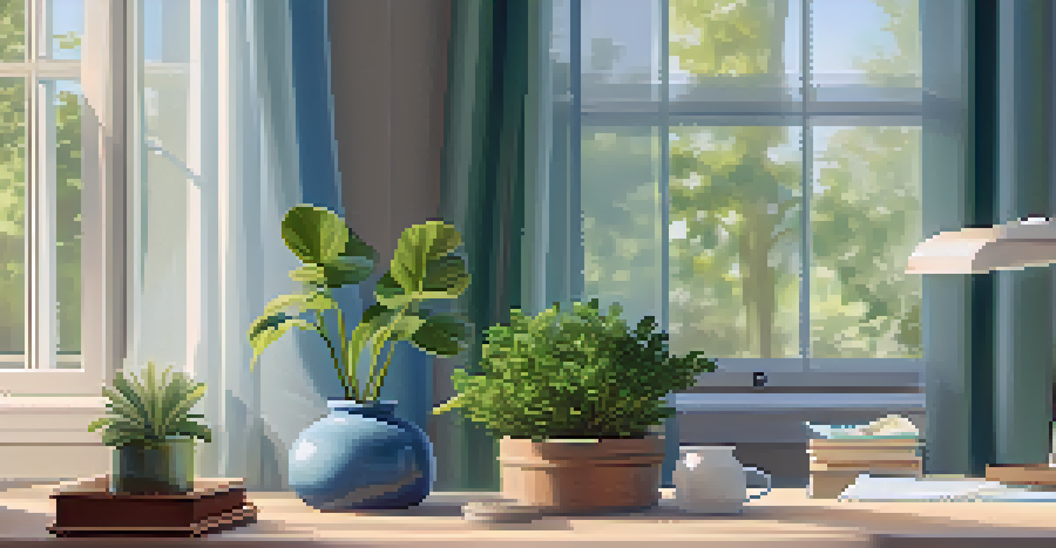 A summer home office with blue and green decor, a view of nature, and soft sunlight.