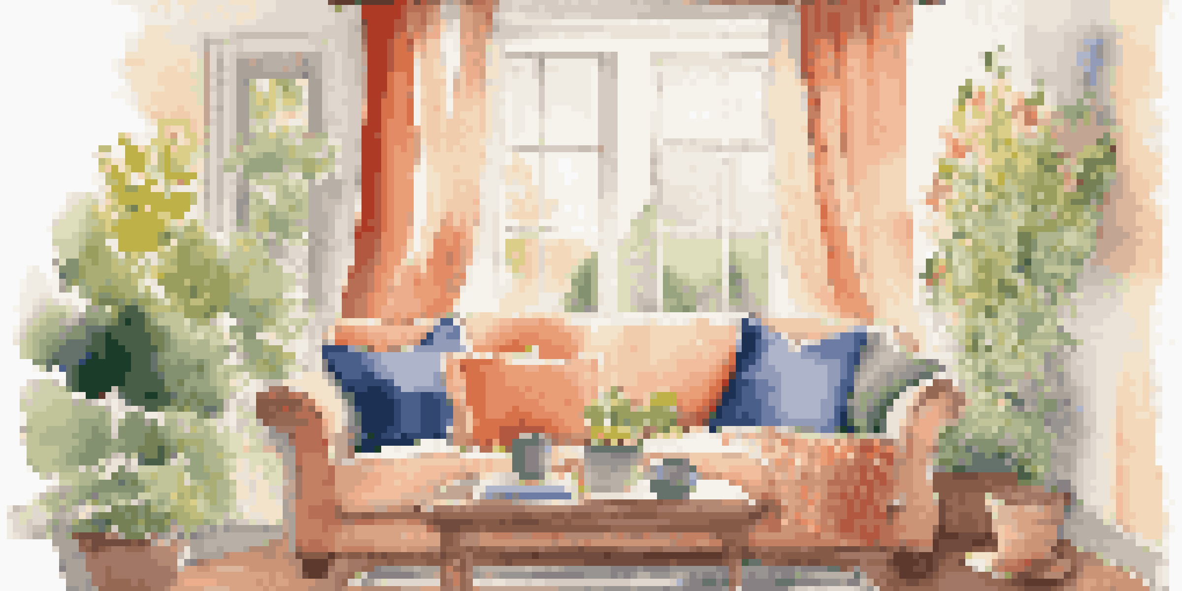A cozy living room with a sofa and a coffee table displaying home warranty documents, illuminated by natural light from a sunny garden outside.