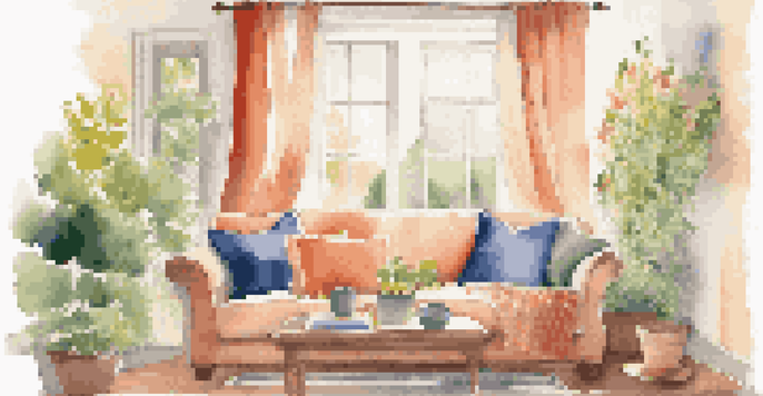 A cozy living room with a sofa and a coffee table displaying home warranty documents, illuminated by natural light from a sunny garden outside.