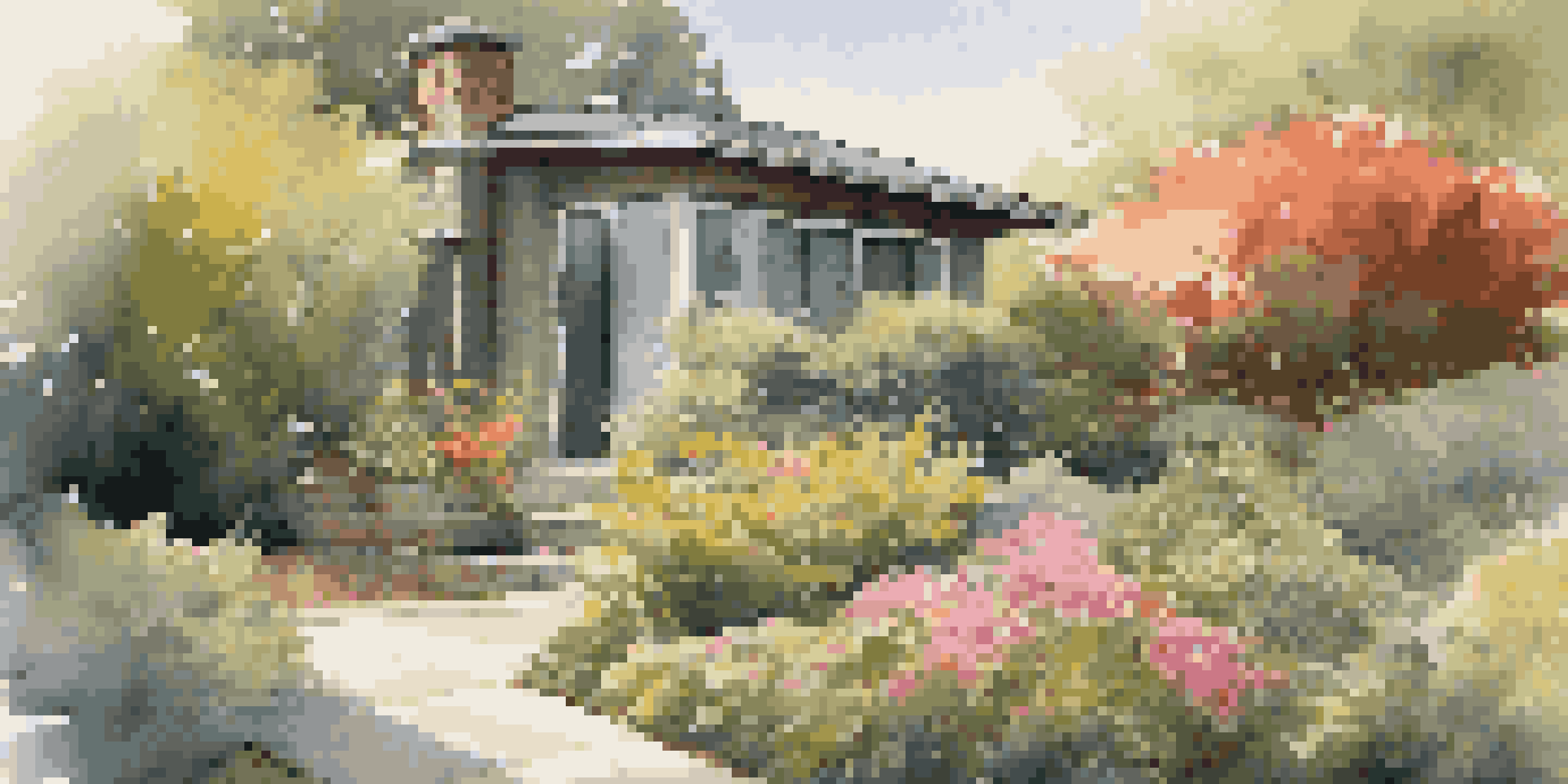 A serene backyard with a modern rainwater harvesting system, featuring a storage tank surrounded by flowers and plants, with sunlight filtering through the trees.