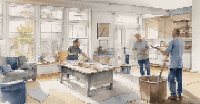 A contractor and a homeowner discussing renovation plans in a bright living room with tools and blueprints.