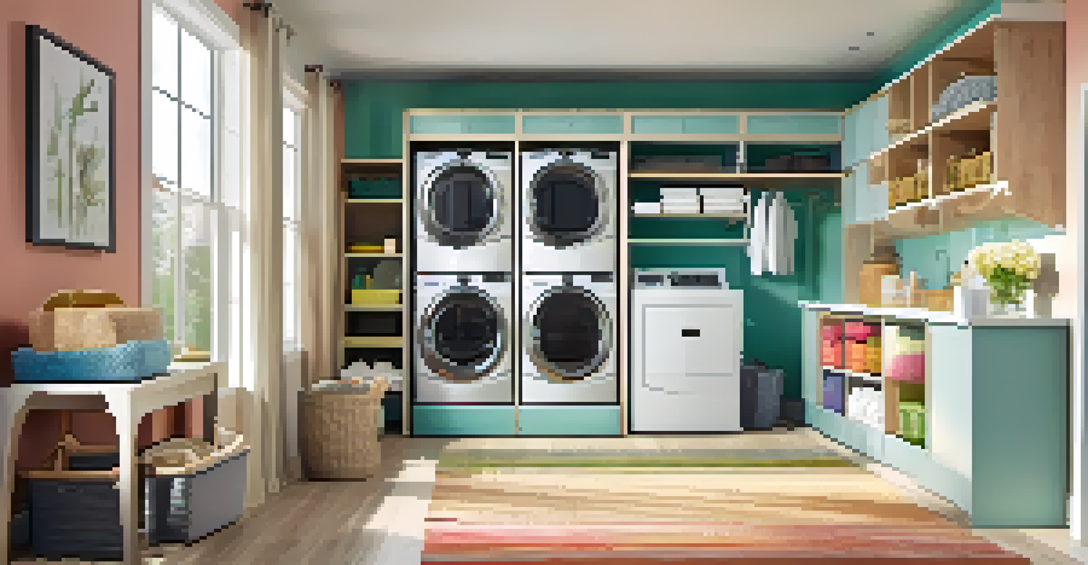 A stylish laundry room with a multi-functional cart, hooks on the door, and bright colors, illuminated by sunlight.