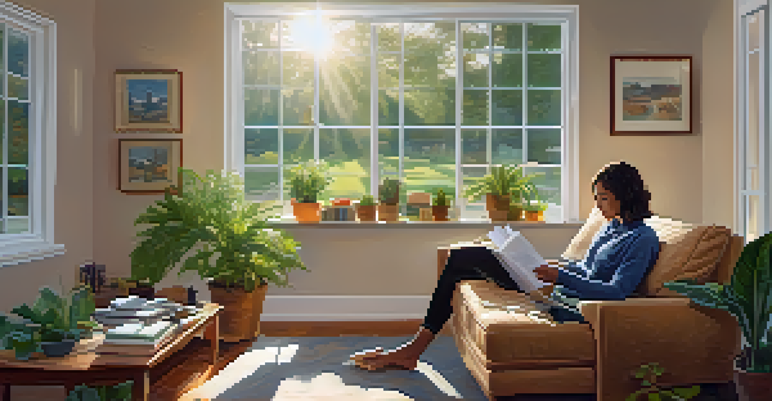 A relaxed homeowner enjoying tea in their living room during tax season, surrounded by natural light and plants.