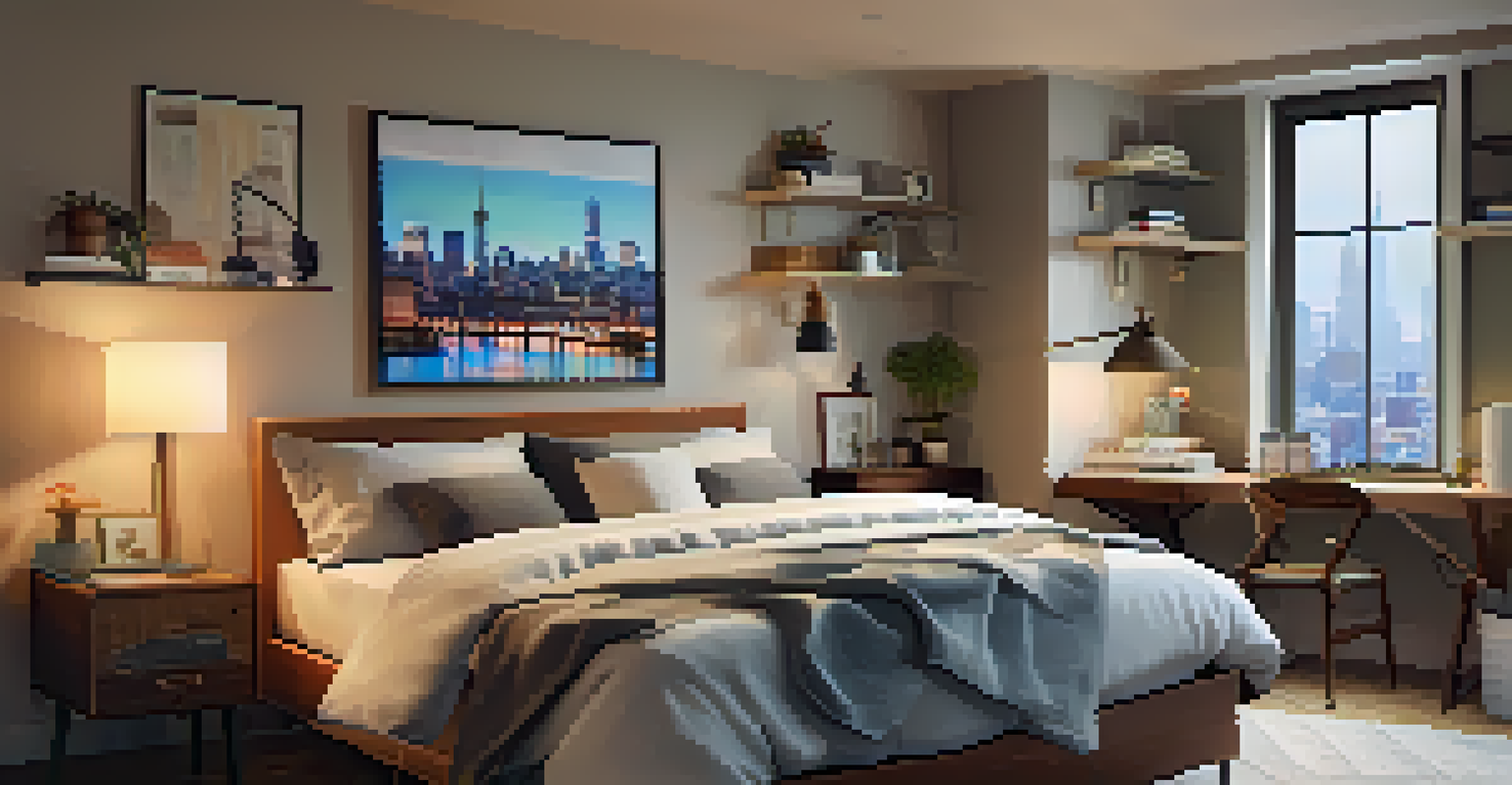 A travel-themed bedroom with a bed, desk, and city view.