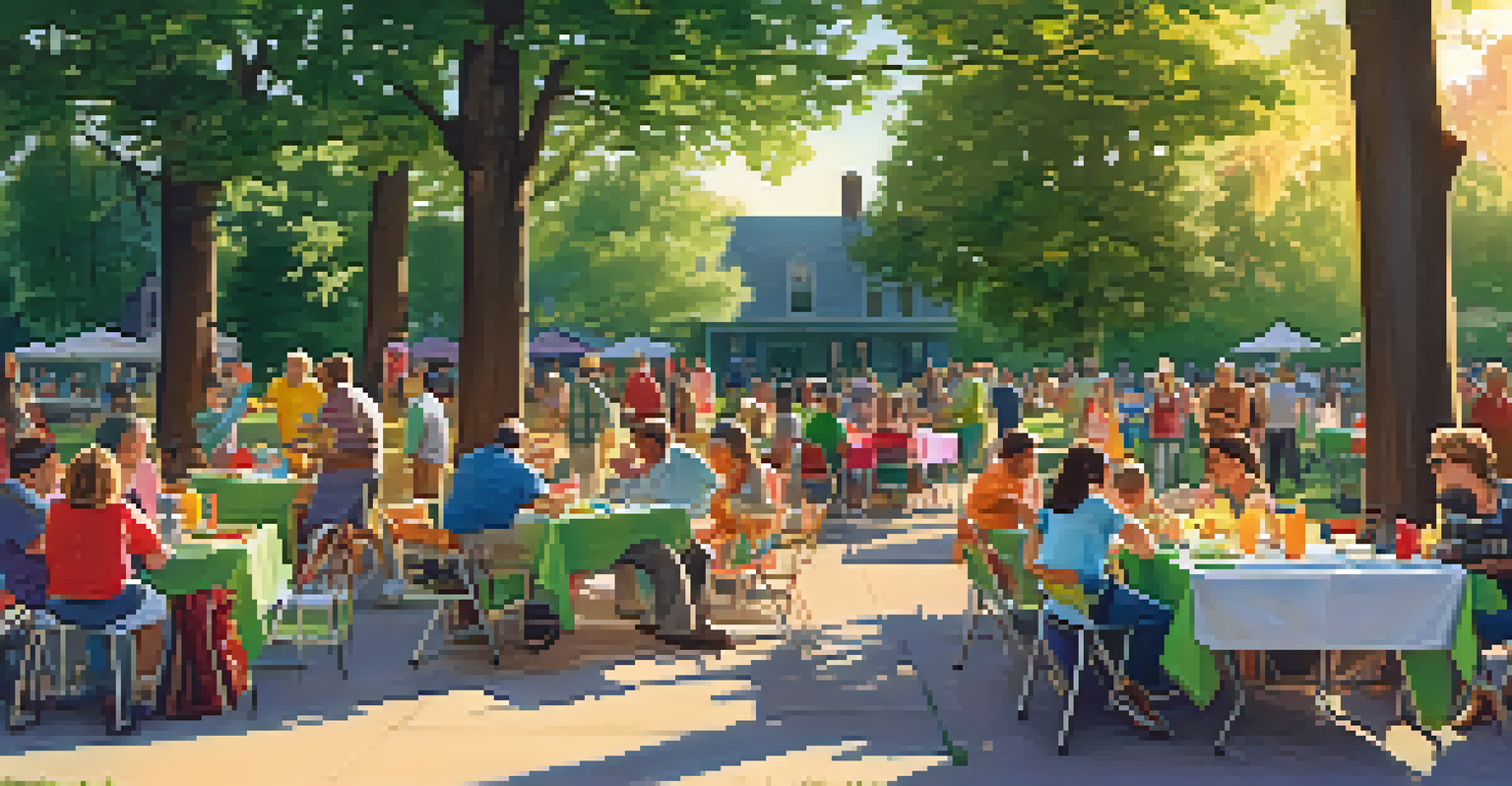 Residents enjoying a summer barbecue event in a community green space with picnic tables and children playing.