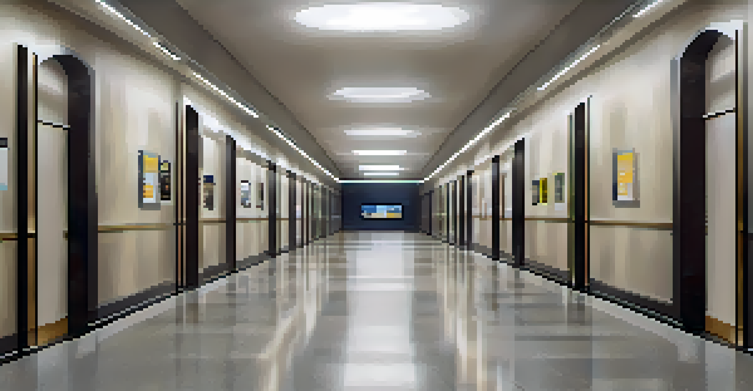 A clean and accessible hallway with wide pathways, bright lighting, contrasting colors, and handrails, ensuring safe navigation.