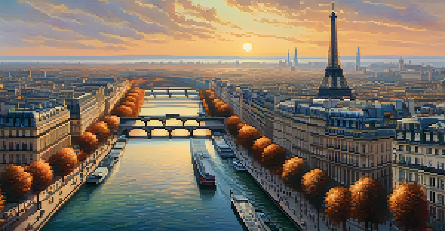 An aerial view of Paris with the Eiffel Tower, showcasing historic architecture bathed in golden sunset light.