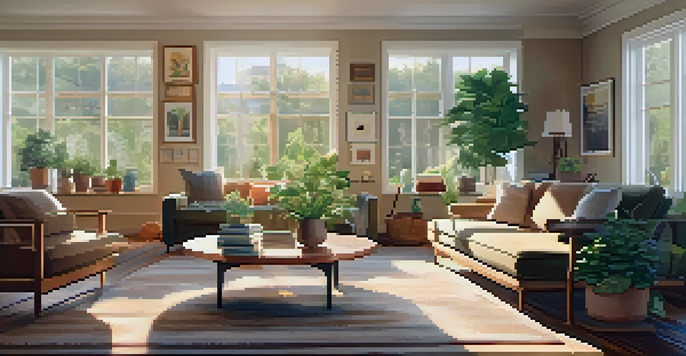 A bright and inviting living room with modern furniture, sunlight, and plants.