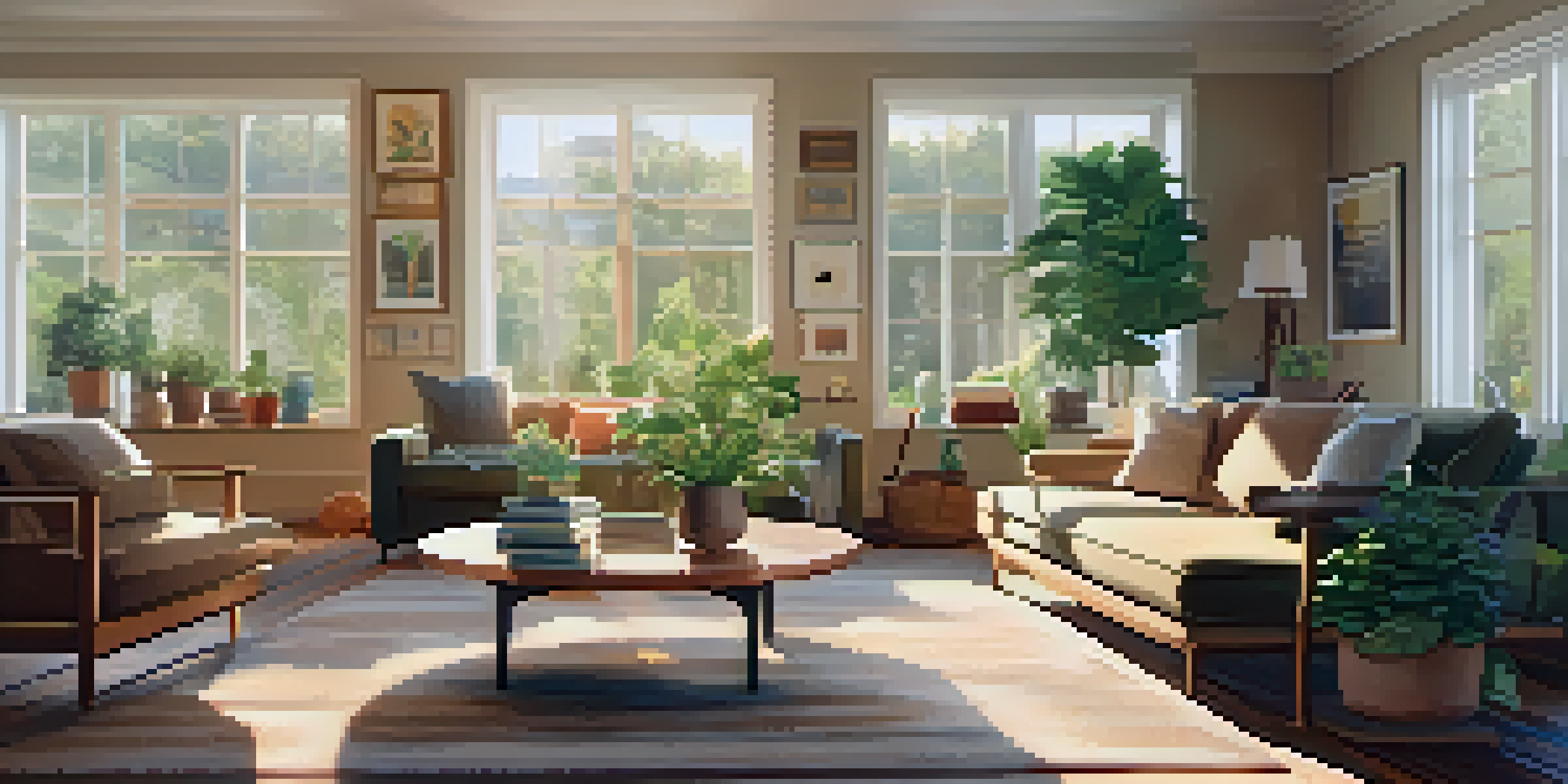A bright and inviting living room with modern furniture, sunlight, and plants.
