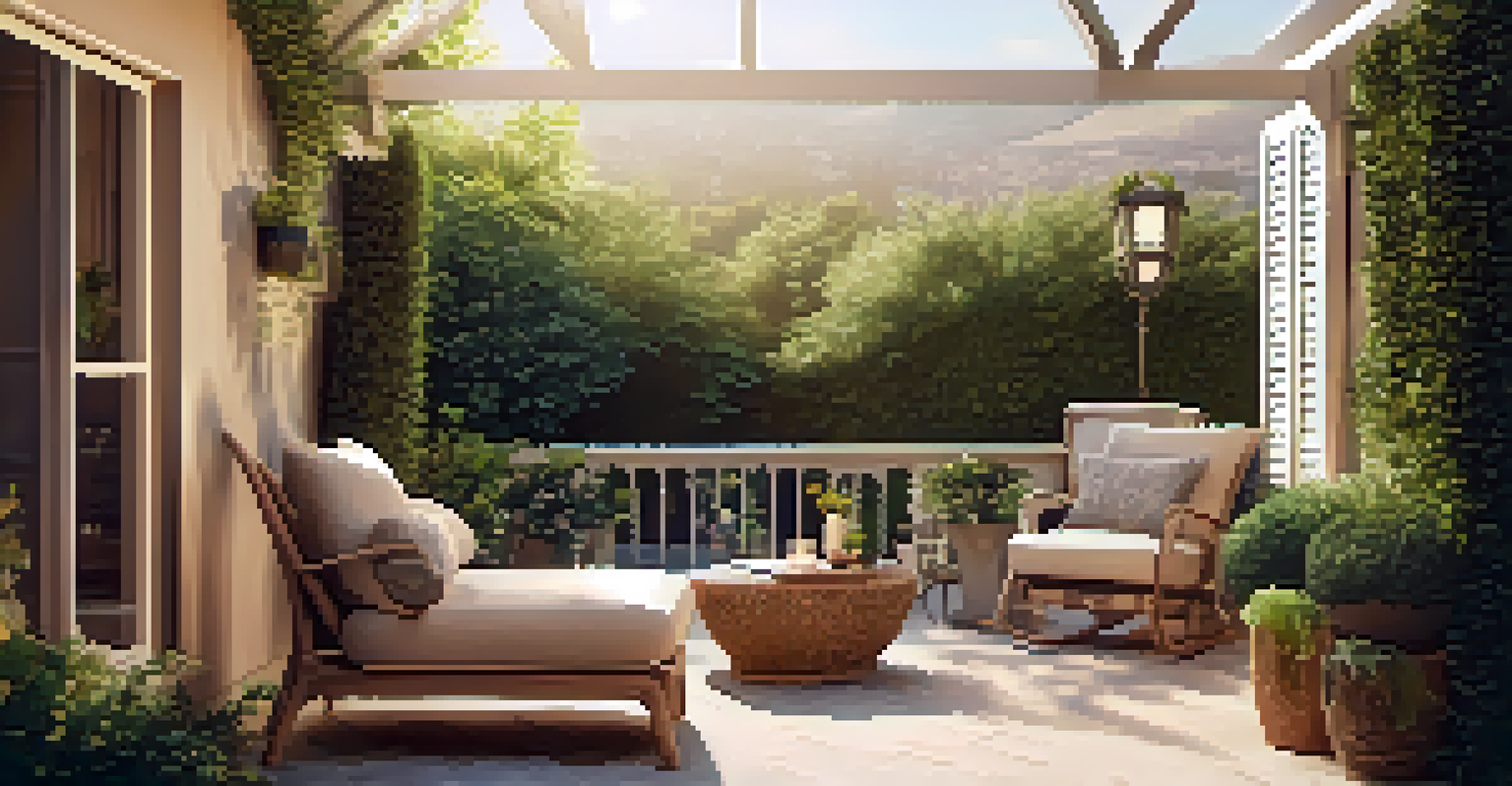 An outdoor seating area with cozy chairs and a small table, surrounded by greenery and enhanced by warm evening light.