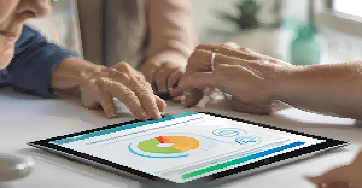 Close-up of an older adult and a younger person's hands collaborating on a tablet.