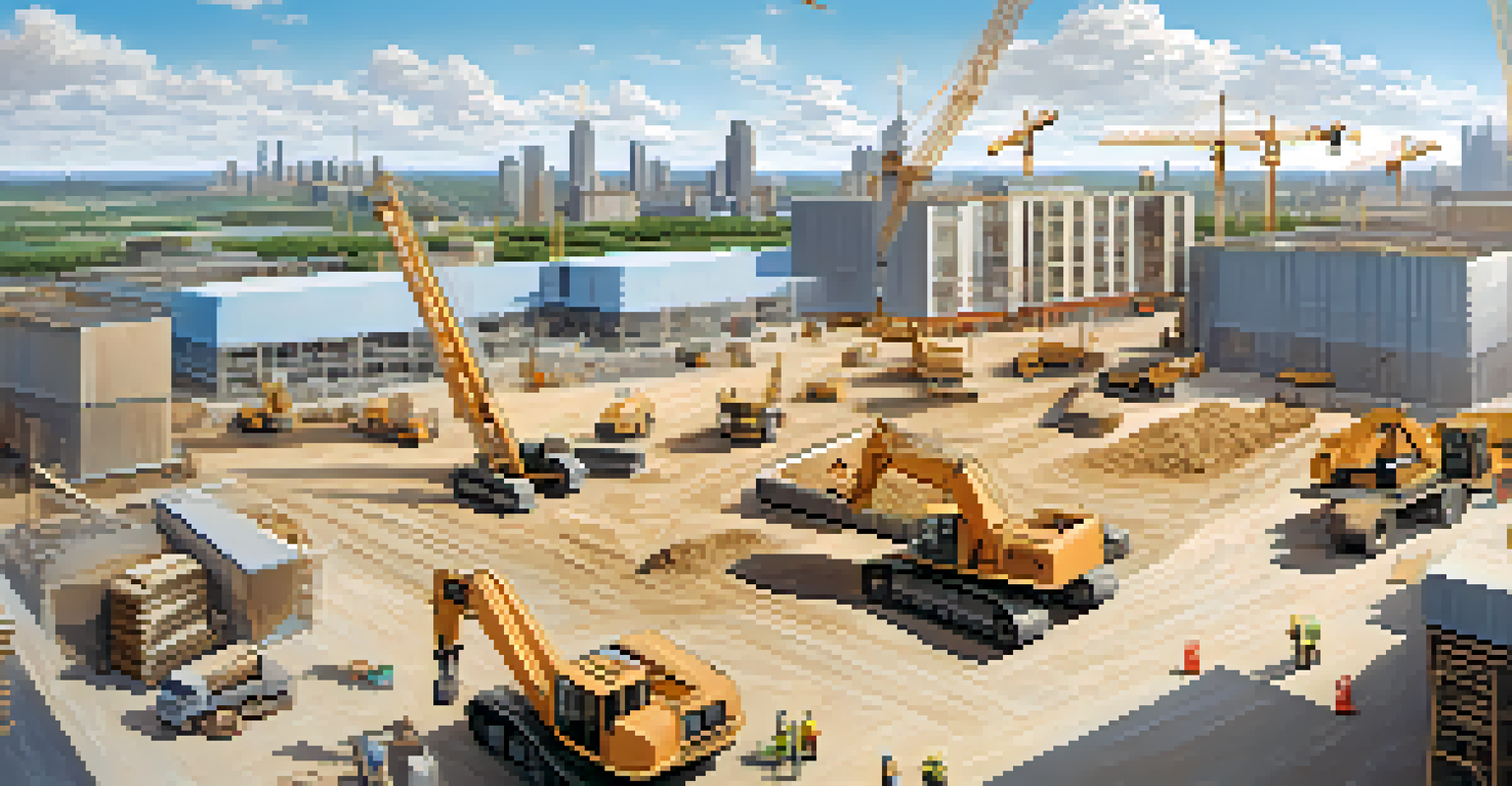 An aerial view of a construction site for commercial real estate with cranes, workers, and a city skyline in the background.
