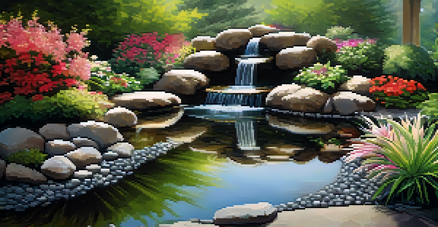 A tranquil water feature with a pond and a waterfall in a sloped yard surrounded by colorful plants and pebbles.