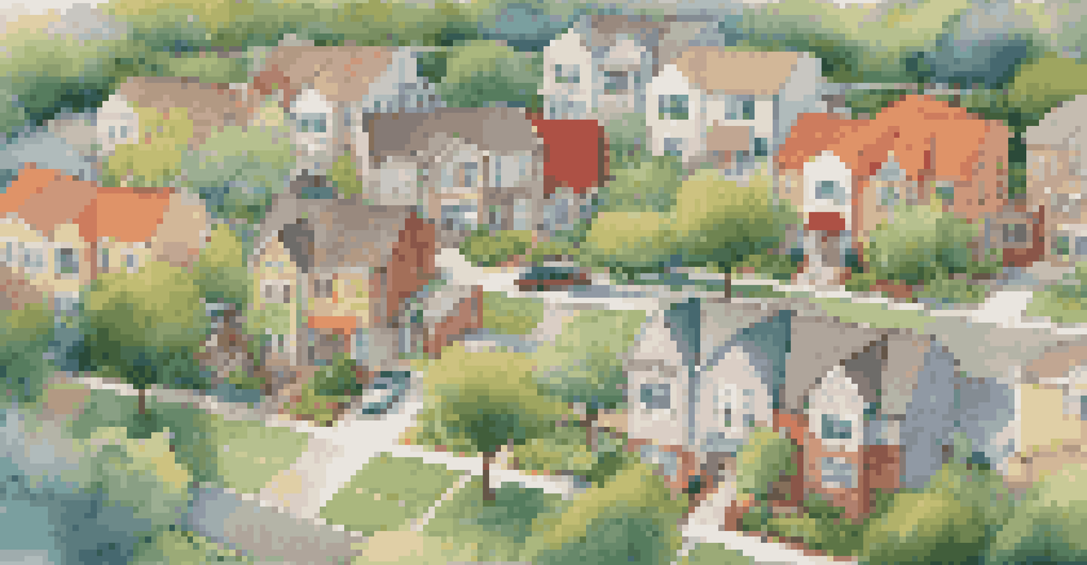 Aerial view of a community with colorful homes and a charter school, showing children playing and families interacting.