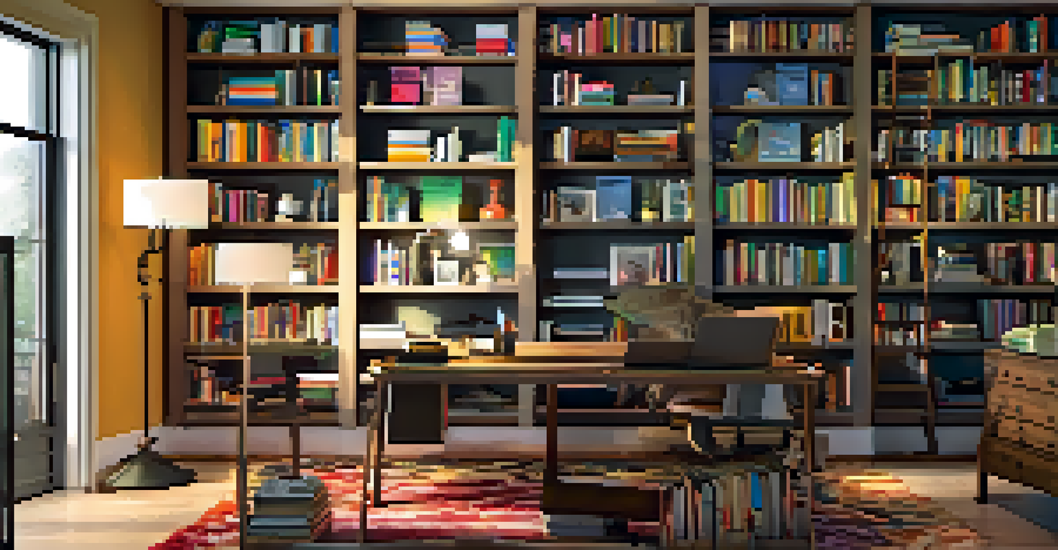 A home office with a bookshelf serving as a space divider, filled with books and decorative items, illuminated by warm lighting.