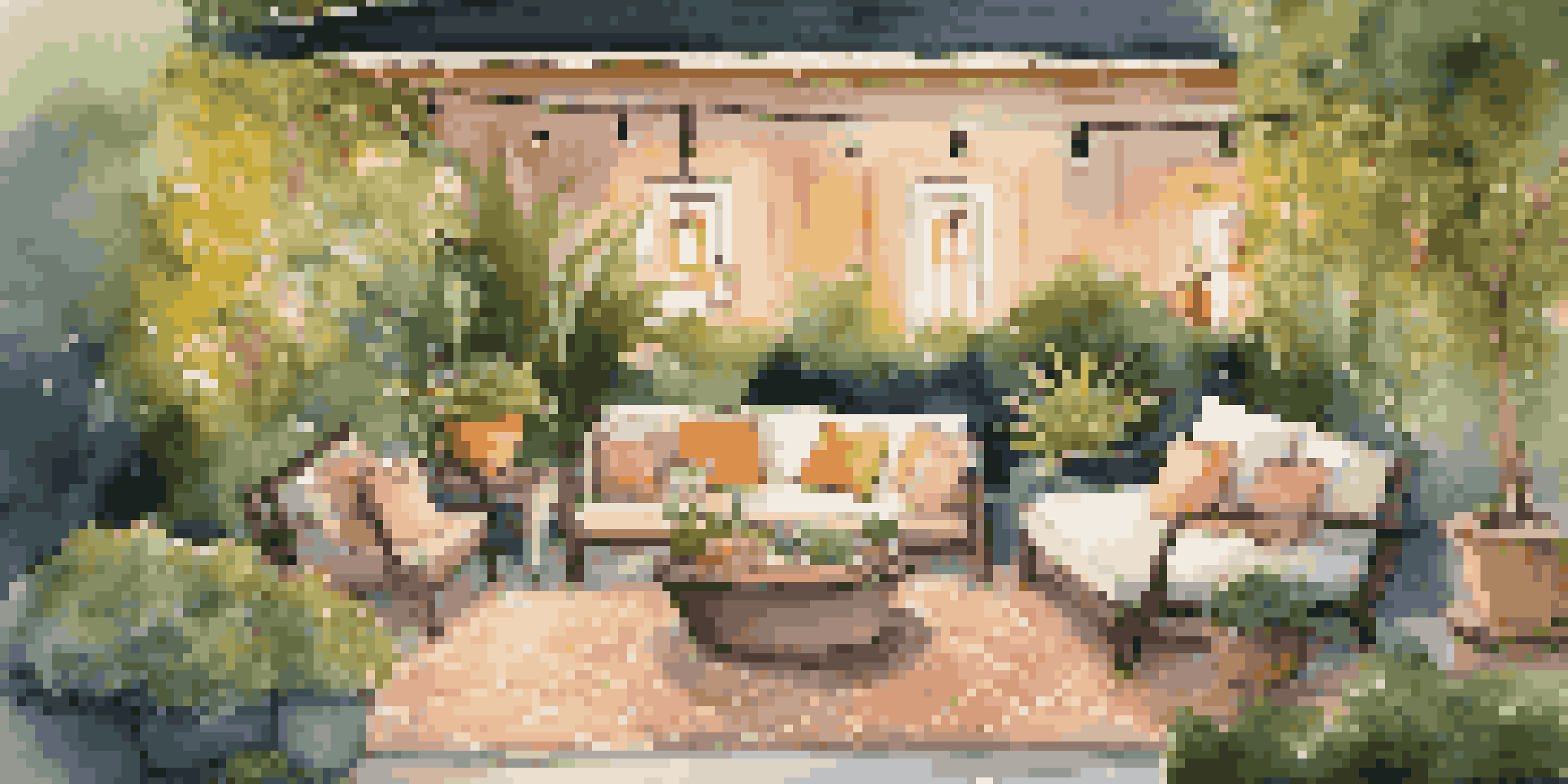 A beautiful outdoor lounge with plush sofas, fairy lights, and vibrant plants, set in a serene garden during sunset.