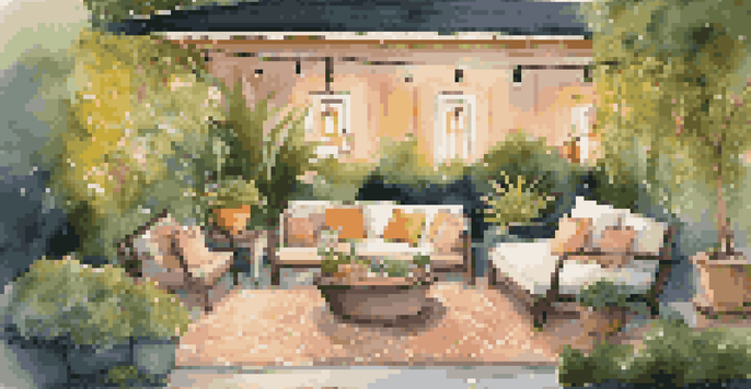 A beautiful outdoor lounge with plush sofas, fairy lights, and vibrant plants, set in a serene garden during sunset.