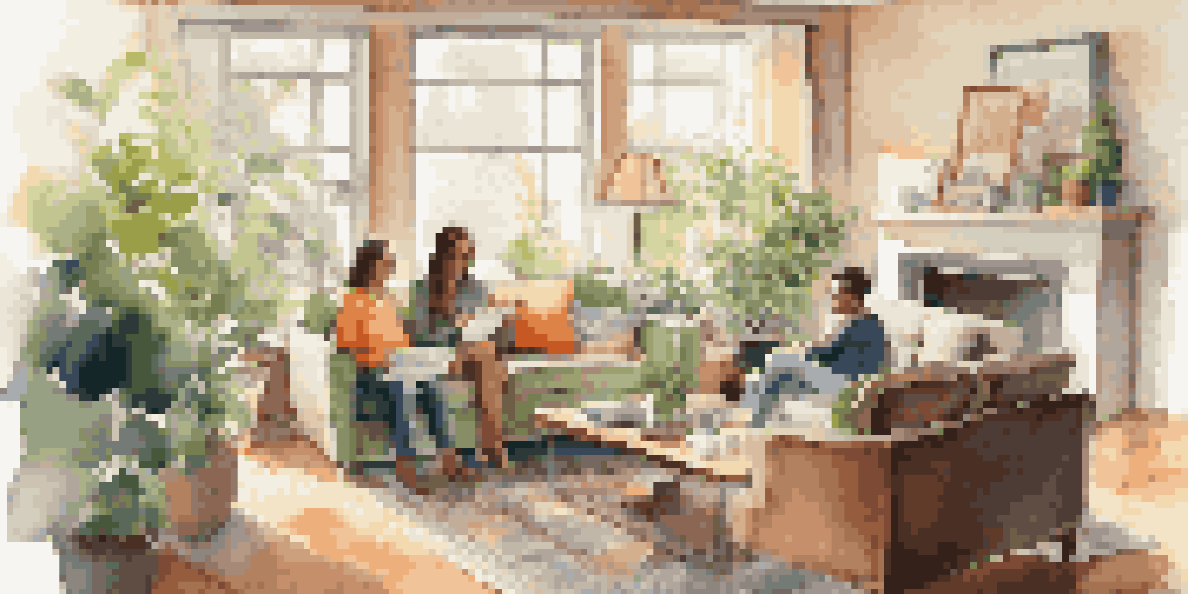A warm, inviting living room where a family is discussing finances, with a calculator and paperwork on the coffee table.