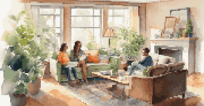 A warm, inviting living room where a family is discussing finances, with a calculator and paperwork on the coffee table.