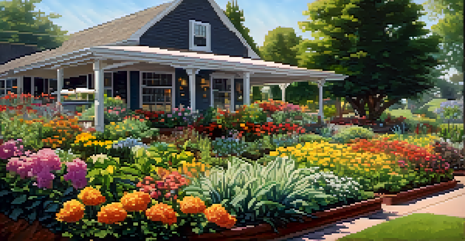 A lush summer garden with flowering plants, featuring a drip irrigation system, under the bright sun casting cheerful shadows.