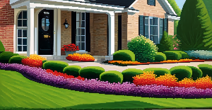 A front yard with a colorful outdoor rug at the entrance, surrounded by flowers and green grass, illuminated by sunlight.