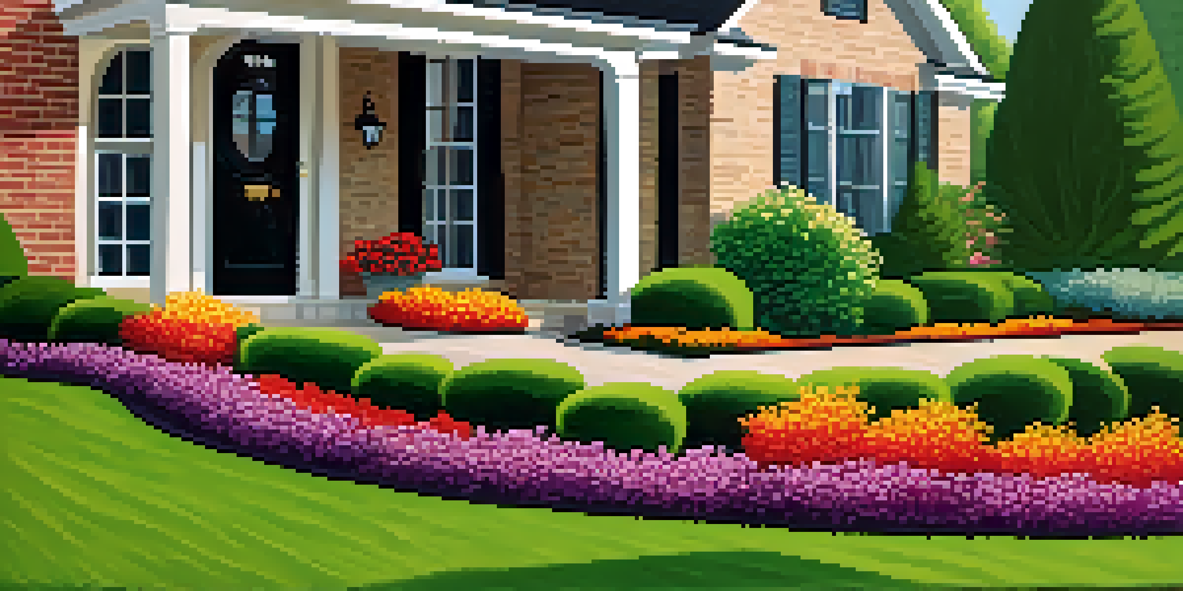 A front yard with a colorful outdoor rug at the entrance, surrounded by flowers and green grass, illuminated by sunlight.