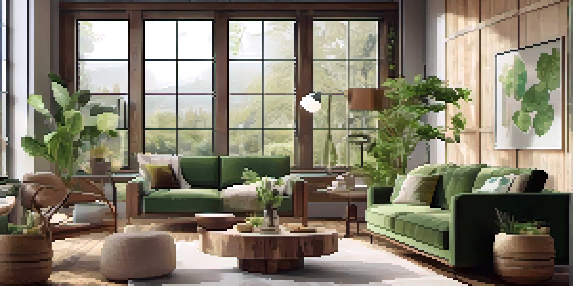 A bright and inviting living room filled with natural light, decorated with sustainable furniture and plants.