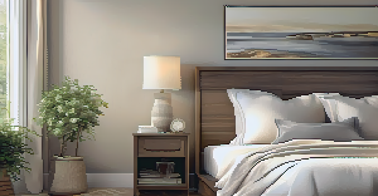 A serene bedroom with a neatly made bed and soft linens, bathed in natural light from a large window.