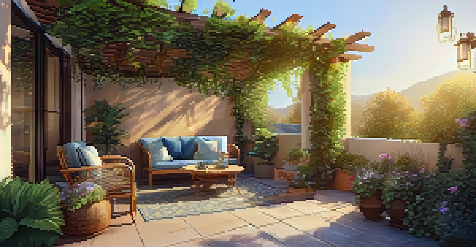 A cozy outdoor patio with wicker seating and a pergola, illuminated by golden hour sunlight, surrounded by blooming potted plants.