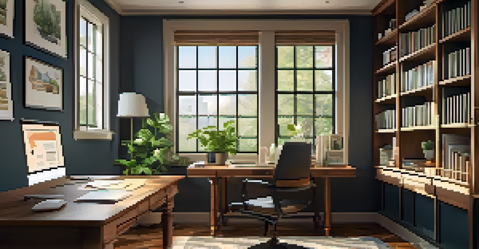 A cozy home office with a wooden desk, laptop, and natural light from a window, creating a warm and productive atmosphere.