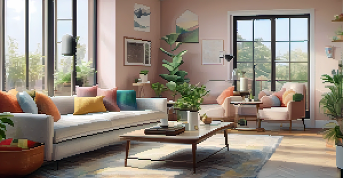 A bright and inviting living room with a sofa, coffee table, and plants, featuring a tablet showing a virtual tour interface.