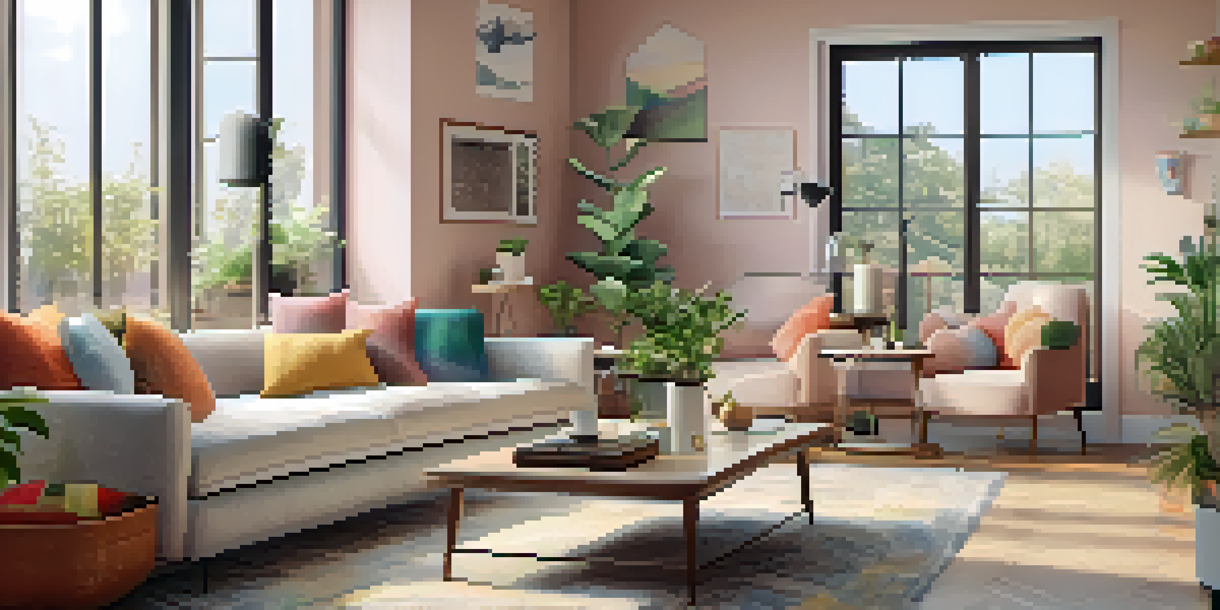 A bright and inviting living room with a sofa, coffee table, and plants, featuring a tablet showing a virtual tour interface.