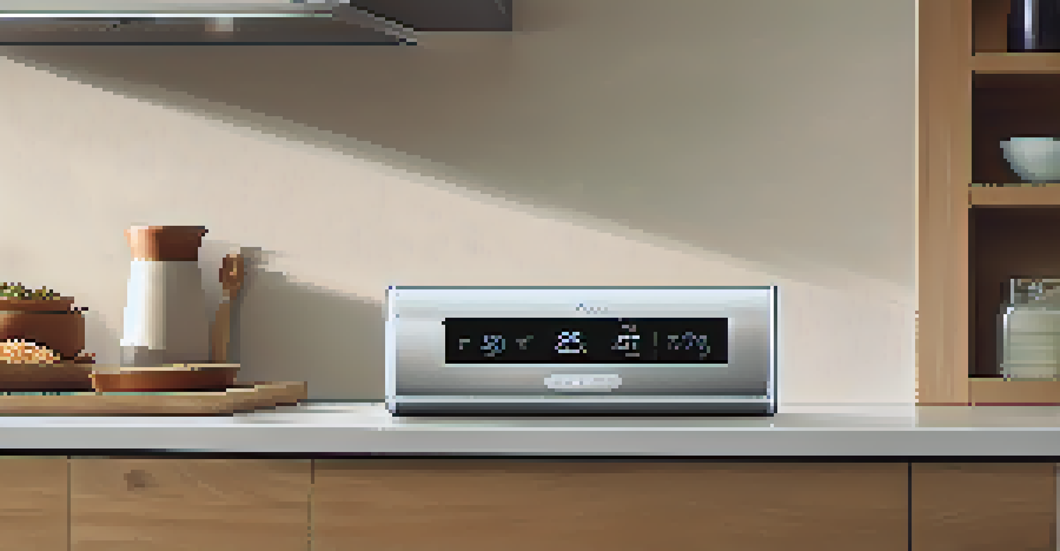 A close-up view of a smart thermostat in a modern kitchen, displaying energy settings and temperature.