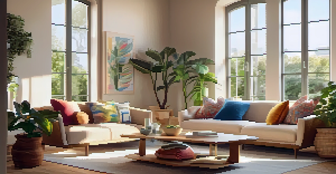 A bright and cozy living room with a modern design, featuring a plush sofa, coffee table, and houseplants.