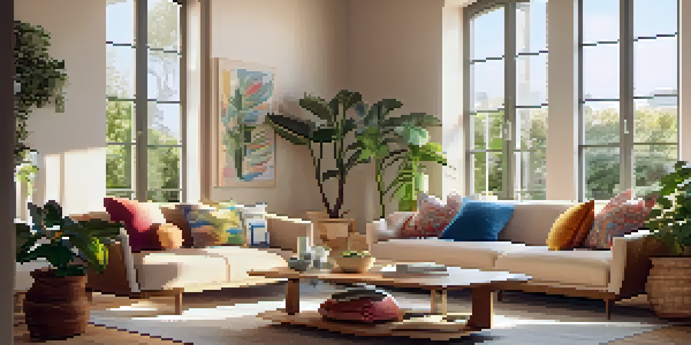 A bright and cozy living room with a modern design, featuring a plush sofa, coffee table, and houseplants.